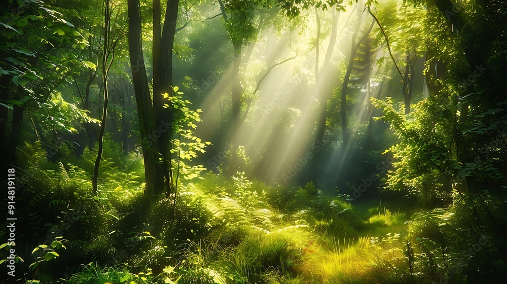 Obraz premium Sunlight Streaming Through Forest Canopy