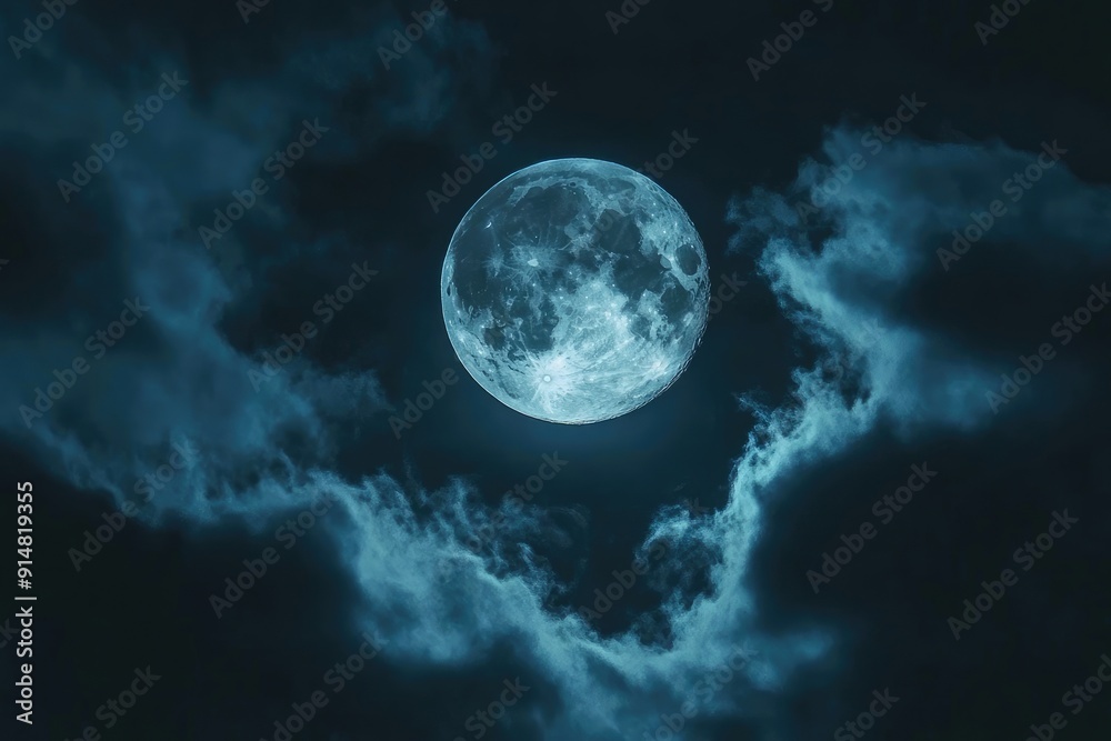 Fototapeta premium Full Moon Illuminated by Blue Clouds in a Dark Night Sky
