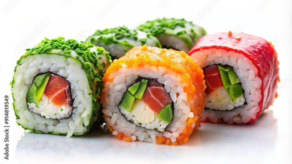 Colorful Sushi Rolls with Avocado, Salmon and Tobiko - Close-up, Food Photography, Japanese Cuisine, Seafood, Asian Food, Restaurant Menu Colorful Sushi Rolls with Avocado, Salmon and Tobiko - Close-up, Food Photography, Japanese Cuisine, Seafood, Asian Food, Restaurant Menu
