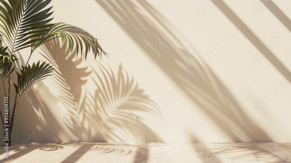 Shadow of palm leaf on light wall and floor. Creative abstract summer backdrop with neutral tropical palm on light geometric background. Shadow of palm leaf on light wall and floor. Creative abstract summer backdrop with neutral tropical palm on light geometric background.