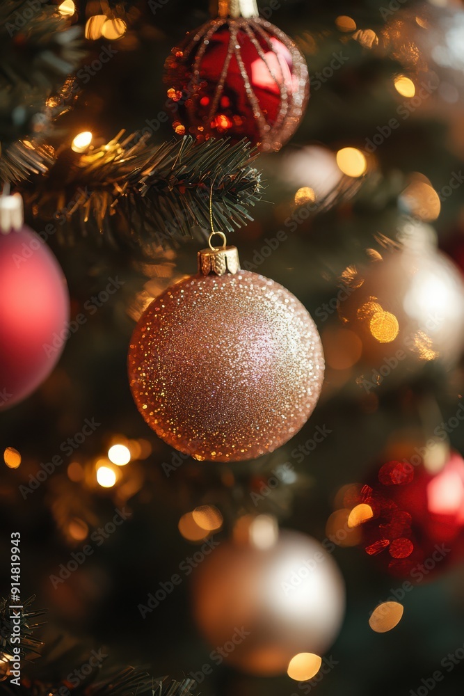A tree with many ornaments on it, including a gold ball
