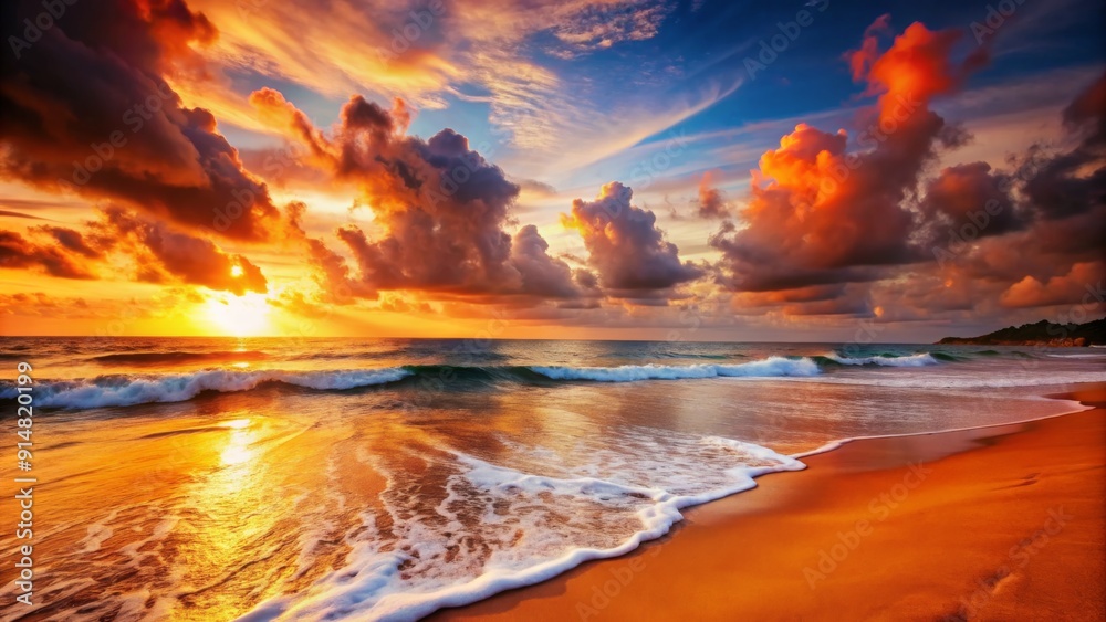 Obraz premium Golden Hour Beachscape A Digital Painting of Sunset Waves and Dramatic Clouds - Seascape, Beach Sunset, Coastal Art, Digital Painting, Nature Photography, Ocean, Sunset