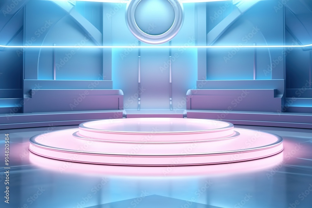 Fototapeta premium Futuristic stage with neon lights and circular platform.