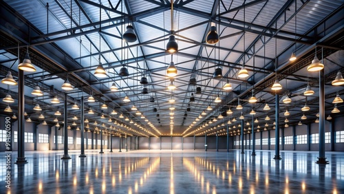 Industrial Warehouse Interior with Polished Concrete Floor and Hanging Lamps - 3D Render, Modern Architecture, Empty Space, Factory, Warehouse, Construction, Light