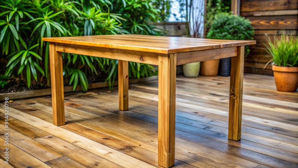 Obraz premium Low Angle View of Wooden Table on Deck with Lush Greenery in Background - Outdoor Furniture, Patio Table, Wood Grain, Natural Setting, Backyard Design, Garden Decor, Deck Design