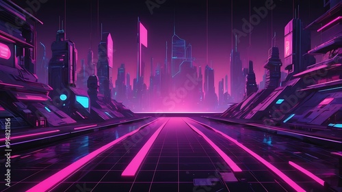 Image is a digital artwork featuring a retro-futuristic, grid-style layout 