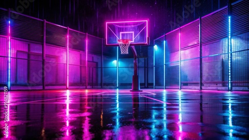Wallpaper Mural Neon Glow Basketball Court Cyberpunk Cityscape with Pink and Blue Lights, Wet Concrete, and a Basketball Hoop. NeonLights Basketball Cyberpunk UrbanArt NightPhotography Torontodigital.ca