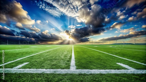 Wallpaper Mural Perspective Wide shot Composition Centered Image Details Green football field with white lines, a blue sky with fluffy clouds, and a bright sun shining through the clouds.  Torontodigital.ca