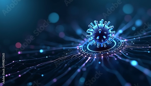 Cyber Security Background Illustration, Shield, Lock, and Computer Virus  Design, Network Security with Glowing Lines and dots