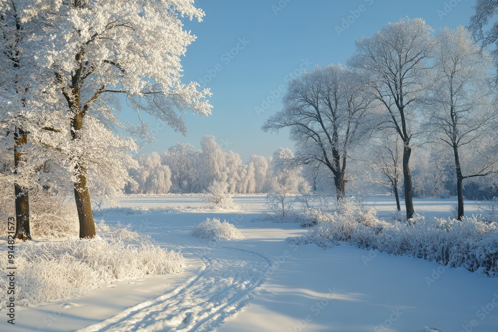 Obraz premium A snowy landscape with trees and a path