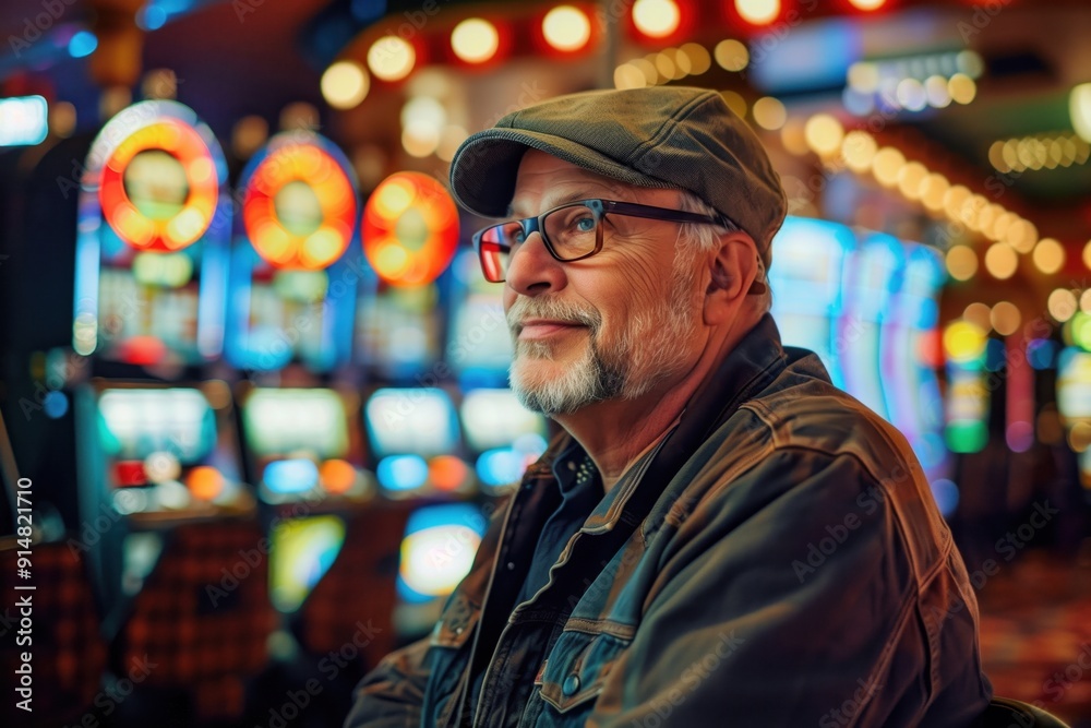 A middle-aged man in a cap and glasses sits casually in a lively casino full of slot machines A middle-aged man in a cap and glasses sits casually in a lively casino full of slot machines