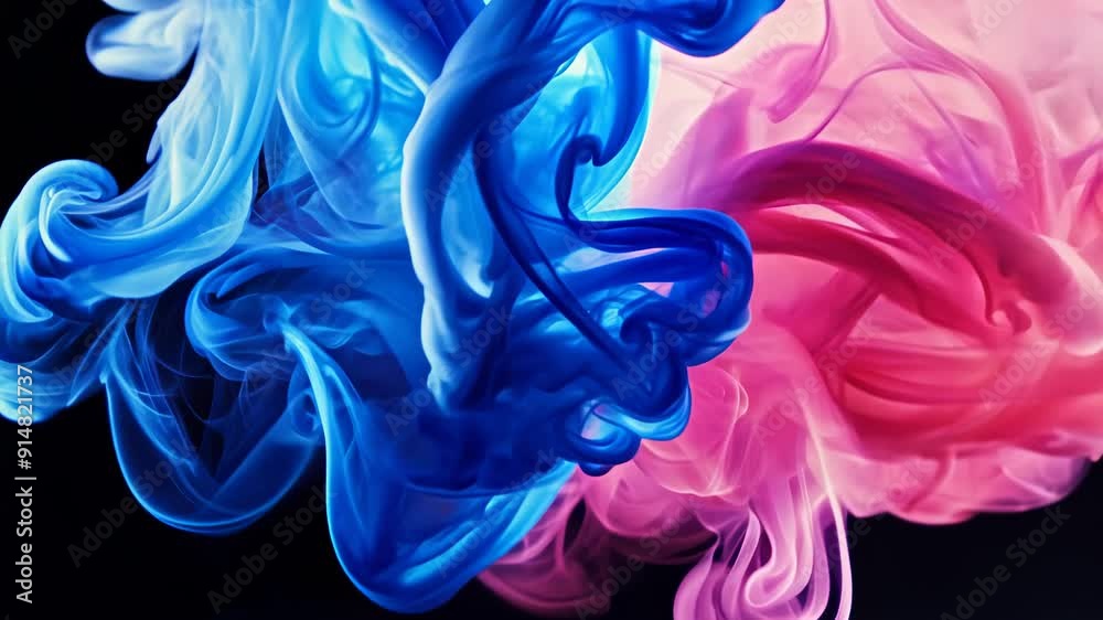 Close-up: Vibrant blue and pink smoke swirls against black. Fluid tendrils intertwine, creating ethereal patterns. Smooth gradients and sharp contrasts evoke dreamlike atmosphere.	