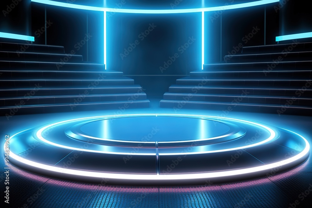 Futuristic podium with glowing blue and white neon lights. Futuristic podium with glowing blue and white neon lights.