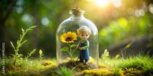 The Little Prince holding a sunflower in a terrarium bottle, fantasy, whimsical, fairy tale, miniature, prince, sunflower