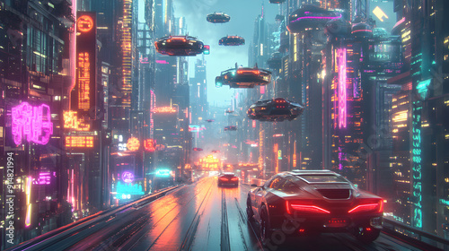 Stadt der Zukunft mit fliegenden Autos und Neonlichtern