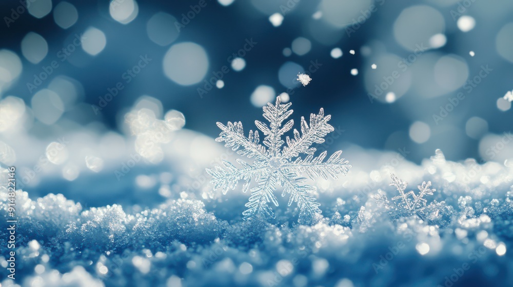 A snowflake is on top of a blue snow covered ground A snowflake is on top of a blue snow covered ground