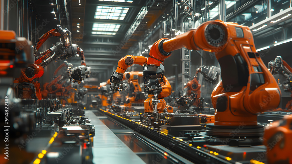 Robótica industrial montando componentes em linha de produção otimizada Robótica industrial montando componentes em linha de produção otimizada