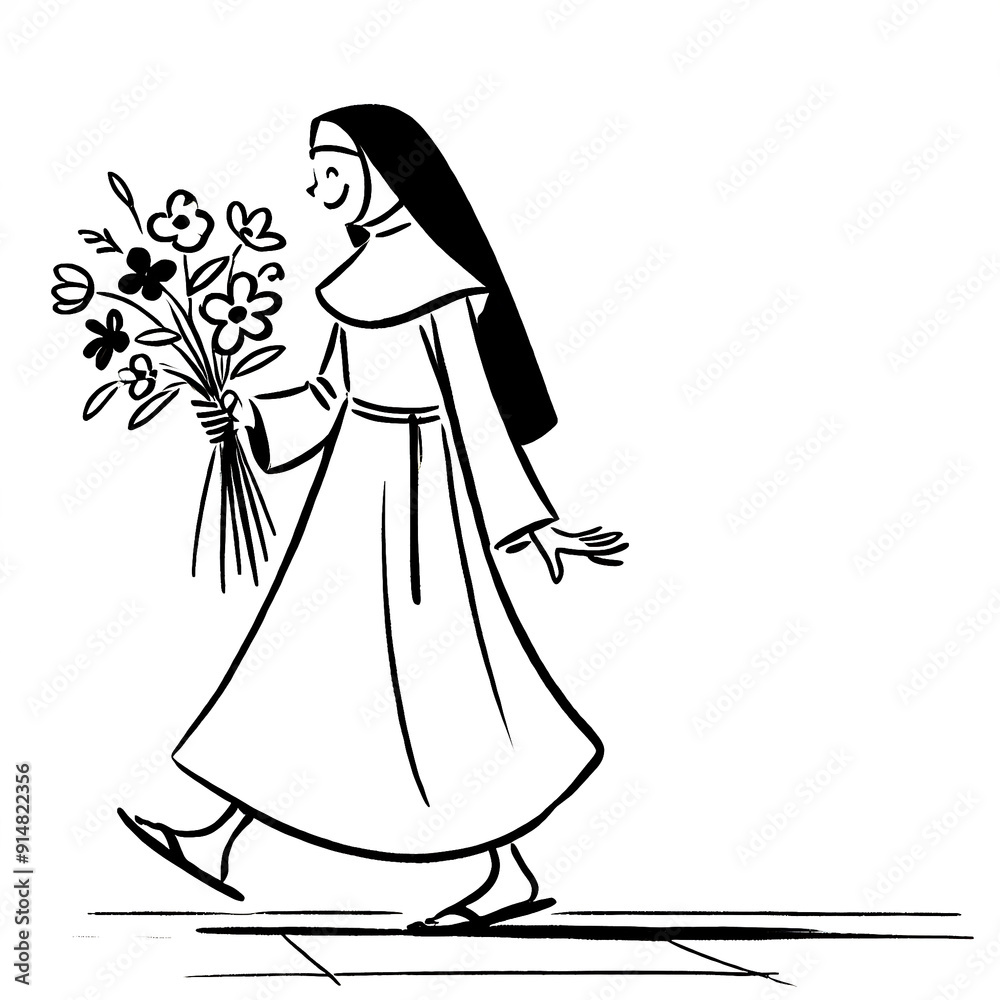 Fototapeta premium A nun walks along the sidewalk with a bouquet of flowers.