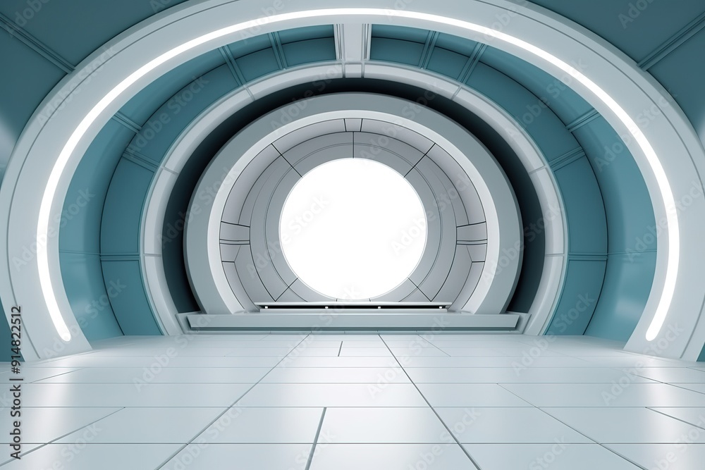 Fototapeta premium Futuristic white and blue circular hallway with glowing lights.