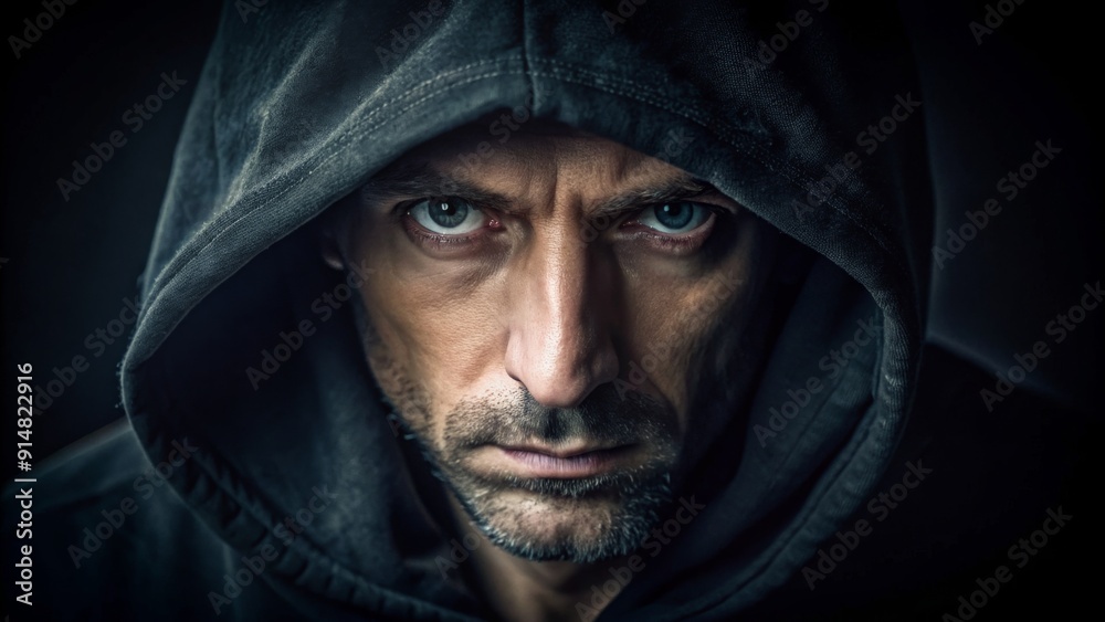 The Shadowed Gaze A Close-Up Portrait of a Man in a Hoodie, Eyes Intense, Face Hidden, Mysterious, Dark, Emotion, Suspense The Shadowed Gaze A Close-Up Portrait of a Man in a Hoodie, Eyes Intense, Face Hidden, Mysterious, Dark, Emotion, Suspense
