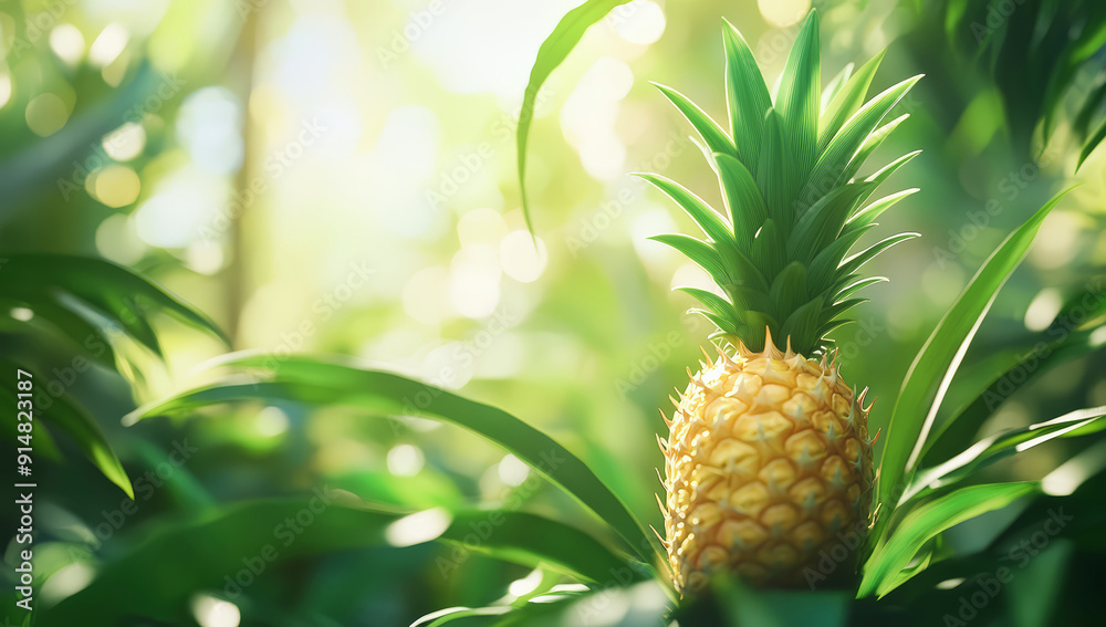 Pineapple growing in the tropical jungle, with sunlight filtering through leaves Pineapple growing in the tropical jungle, with sunlight filtering through leaves