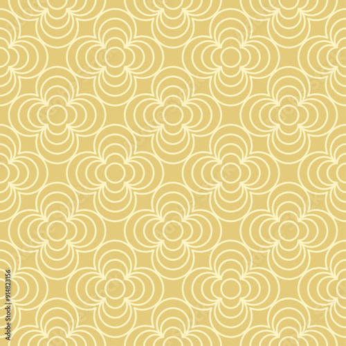 Seamless geometric pattern of flower shapes consisting of circles and layers of curved lines. Suitable for various design purposes, textiles, fabrics, wallpapers, backgrounds, etc.