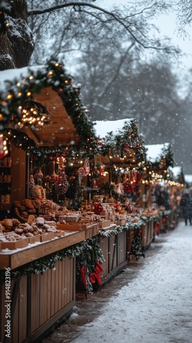 A row of Christmas market stalls are lit up with lights and decorations