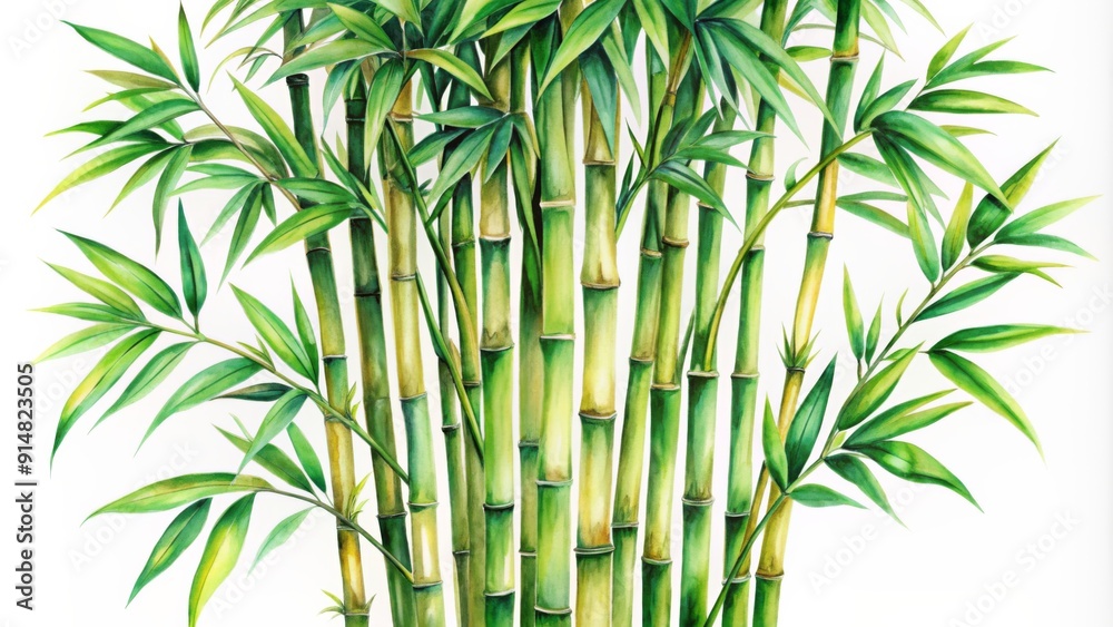 Fototapeta premium Watercolor Illustration of Lush Green Bamboo - A Vibrant Depiction of Nature's Serenity, Botanical Art, Bamboo Forest, Green Leaves, Tropical Plants, Nature Illustration, Watercolor Painting