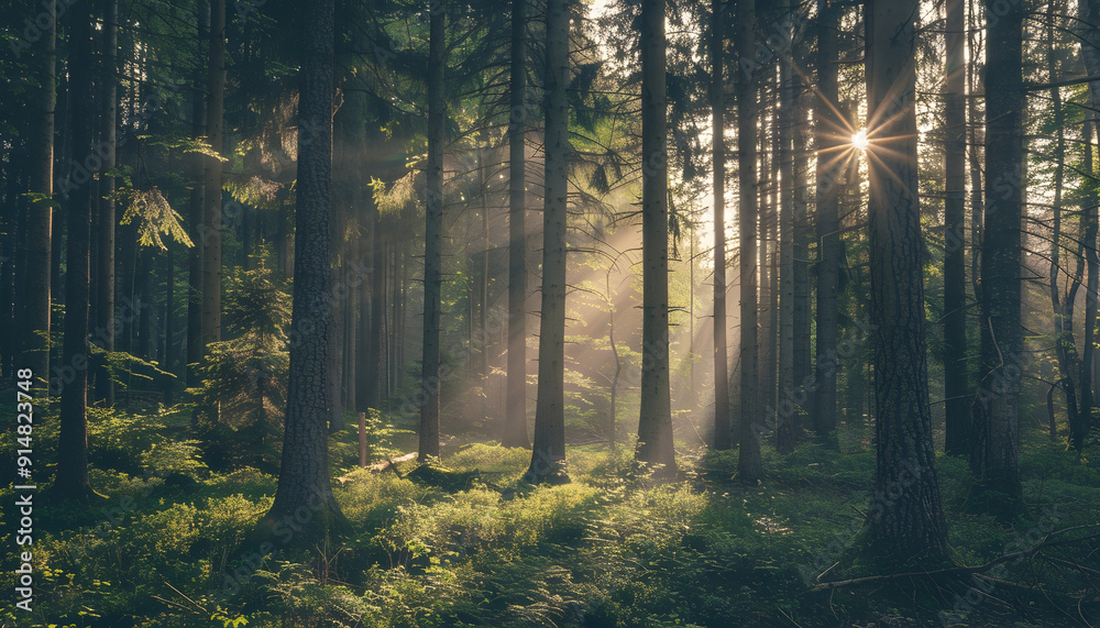 Obraz premium Sunlight beams through the dense canopy of a misty forest.