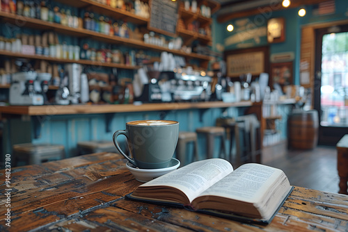  A book and a cup of coffee resting on a wooden table in a cozy coffee shop setting