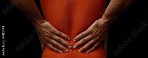 Close-up of a person massaging their sore lower back with both hands, ache, nagging spinal pain photo