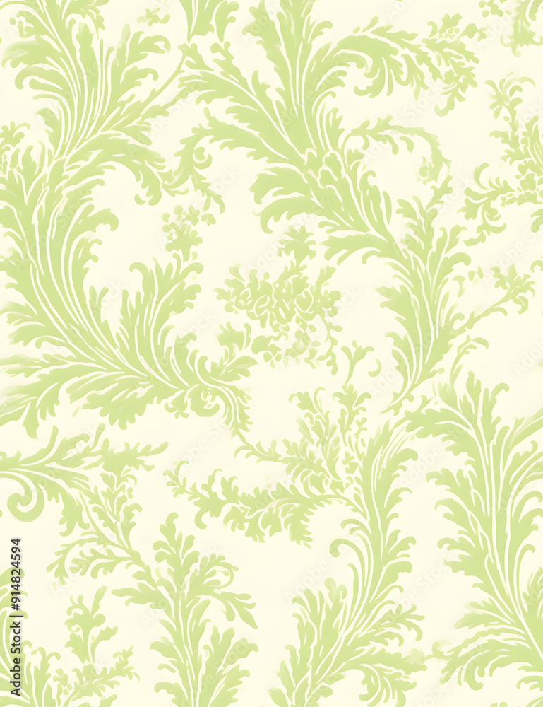 A delicate green damask pattern with intricate floral designs on a soft, textured background. The vintage-inspired design adds a touch of elegance and classic style to any project A delicate green damask pattern with intricate floral designs on a soft, textured background. The vintage-inspired design adds a touch of elegance and classic style to any project