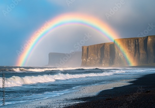 A brilliant rainbow arching over a coastal landscape, with waves crashing on the shore and cliffs in the distance, capturing the harmony of nature