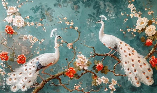 Wallpaper Mural wallpaper with white peacock birds with trees plants and birds in a vintage style landscape blue background, Generative AI  Torontodigital.ca