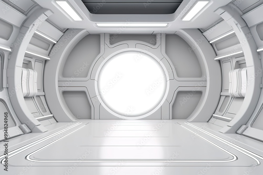 Fototapeta premium Futuristic white interior with a large round window.