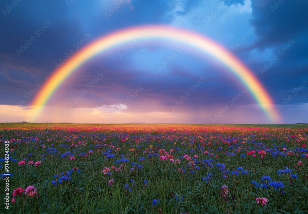 Naklejka premium A colorful rainbow stretching across an open field of wildflowers, with a stormy sky in the background adding contrast to the vibrant colors