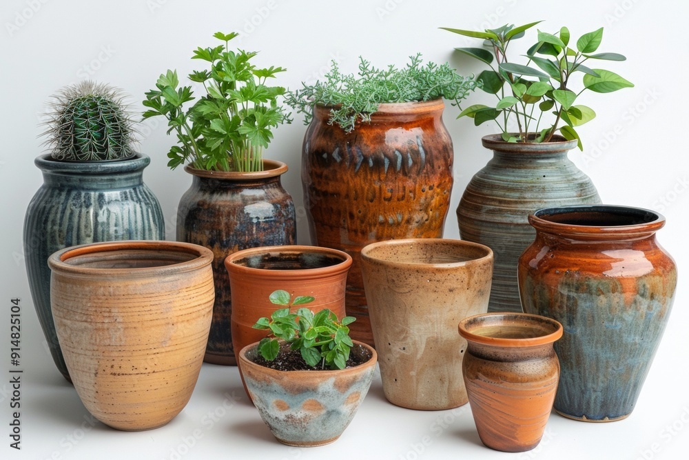 Various plant pots crafted from terracotta, showcasing different shapes and sizes against a neutral background. Garden decor concept Various plant pots crafted from terracotta, showcasing different shapes and sizes against a neutral background. Garden decor concept