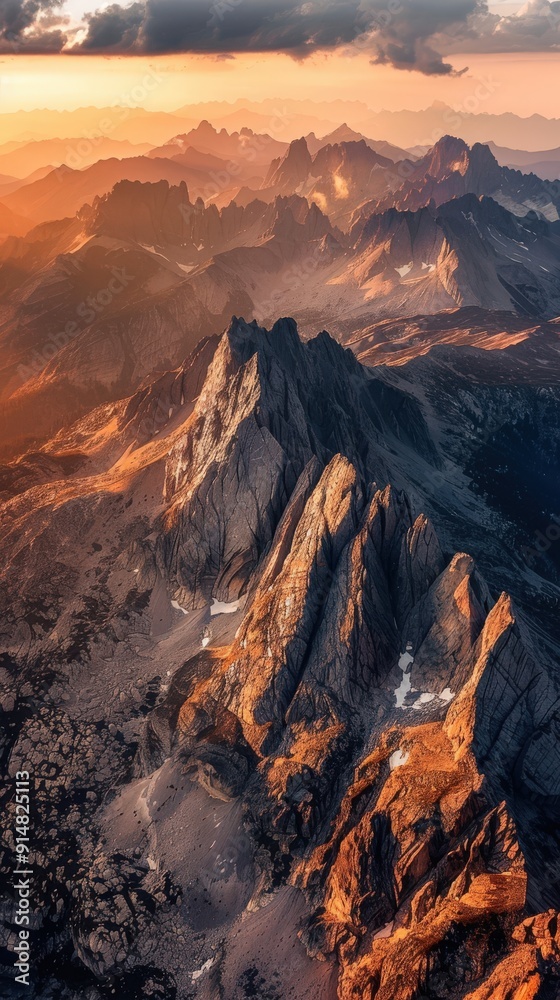 Obraz premium Golden Sunset Over Rugged Mountain Range