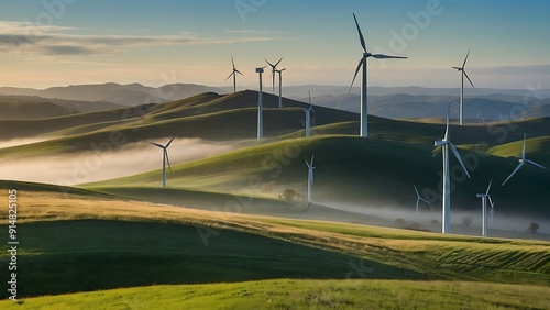 Panoramic landscape photograph showcasing a vast array of wind turbines scattered across rolling hills and mountains   photo