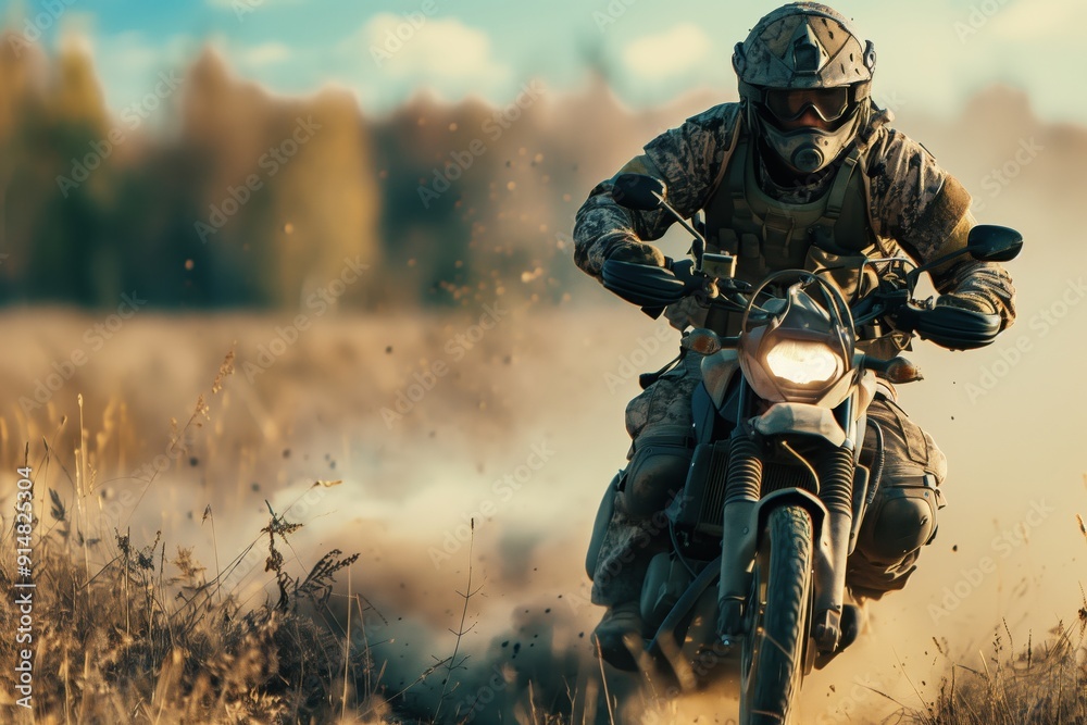 a military man rushes on a motorcycle with a weapon along a dirt road a military man rushes on a motorcycle with a weapon along a dirt road