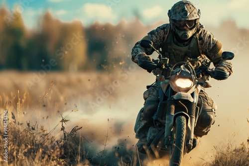 a military man rushes on a motorcycle with a weapon along a dirt road photo