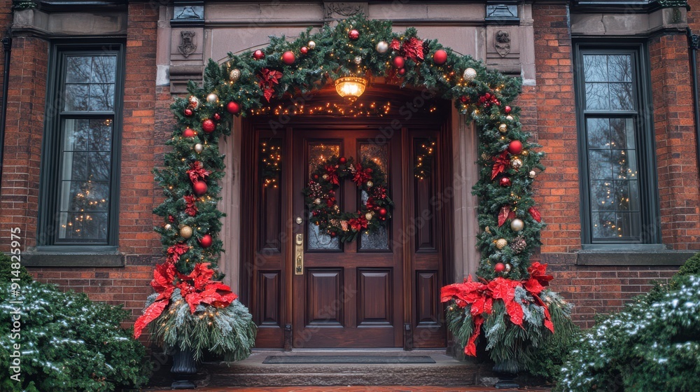 A house with a red door and a wreath on it
