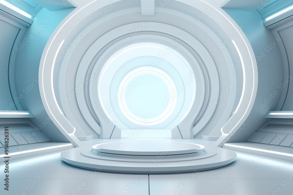 Obraz premium Futuristic white platform with glowing blue light.