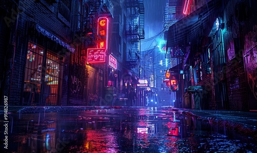 Dark street in cyberpunk city, gloomy alley with neon lighting, Generative AI 