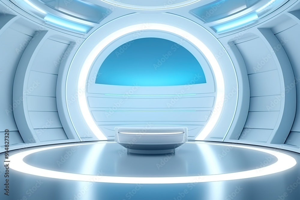 Fototapeta premium Futuristic white room with a circular platform and blue lighting.
