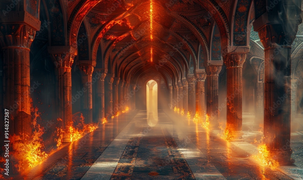 Fototapeta premium Ancient classic architecture stone arches with flames, Generative AI 
