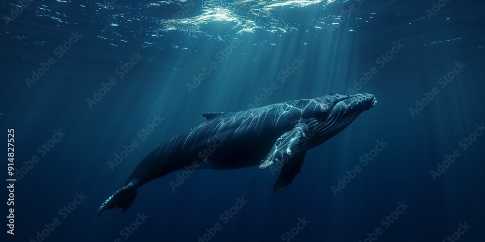 Humpback Whale Swimming in Sunlight in Deep Blue Ocean Water Humpback Whale Swimming in Sunlight in Deep Blue Ocean Water