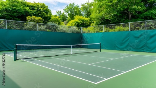 Cross court view of pickleball tennis courts painted green with lights and trees in the background. Ai Generative.