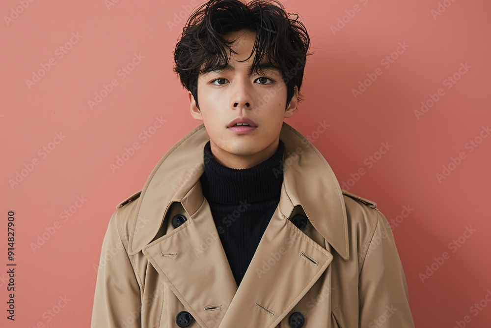 Fashionable portrait of a young Korean man in a trench coat Fashionable portrait of a young Korean man in a trench coat