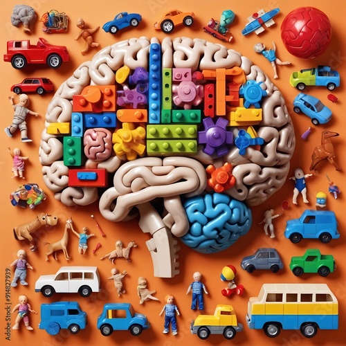 Cerebro conformado de muchos juguetes infantiles. representa la importancia del juego en el niño para el desarrollo neurológico del cerebro. Apto para todo aquel que practique la neurologia. Abstracto photo